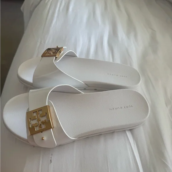 Tory Burch White Slides with Gold Accent - Picture 7 of 8